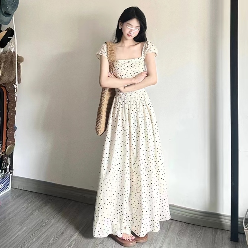 2024 new French style small polka dot small flying sleeve dress women's summer pear-shaped figure long skirt