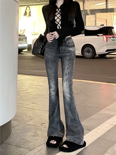 Real shot!  Retro American-style washed stretch jeans for women, new trendy slimming high-waisted bootcut pants