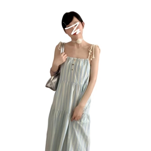 French first love blue suspender dress for women summer 2024 new style small seaside resort style beach long dress