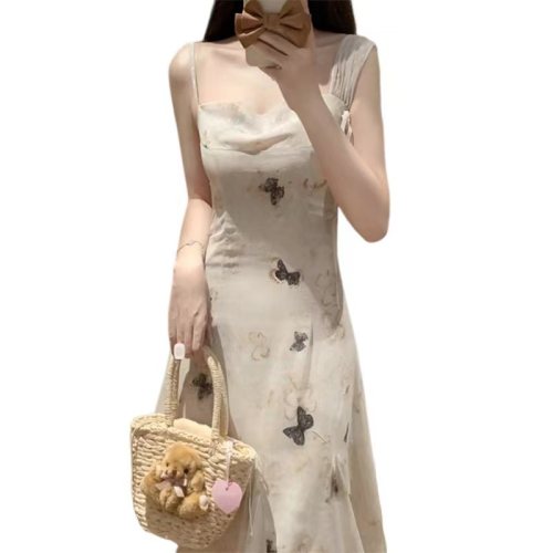 Design niche fishtail bag hip long skirt summer 2024 new women's butterfly print suspender dress French style