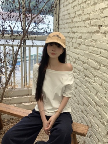 Official photo Modal rayon Korean style slanted shoulder short-sleeved T-shirt women's summer loose loose off-shoulder solid color top