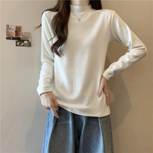 Real shot of ribbed German velvet long-sleeved T-shirt for women in autumn and winter half turtleneck inner layering shirt