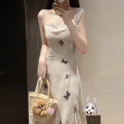 Design niche fishtail bag hip long skirt summer 2024 new women's butterfly print suspender dress French style