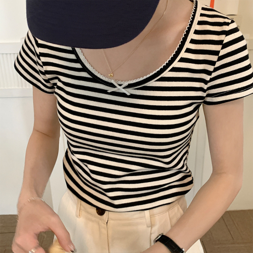 Real shot of fashionable contrast striped round neck short-sleeved T-shirt 2024 summer new women's niche slim fit versatile top