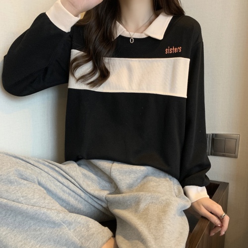 Actual shot of 2024 autumn new long-sleeved contrasting color Polo shirt college loose and versatile T-shirt tops for women