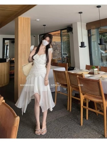 White water female sister dress ~ small flying sleeve white dress female design holiday style fairy princess long dress