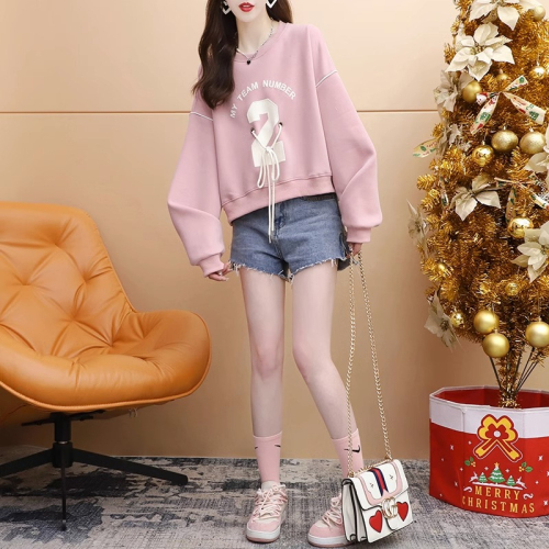 Official photo imitation cotton Chinese cotton composite milk silk casual all-match round neck thin sweatshirt trendy