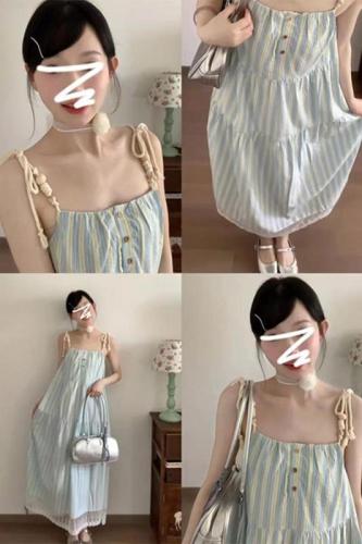 French first love blue suspender dress for women summer 2024 new style small seaside resort style beach long dress