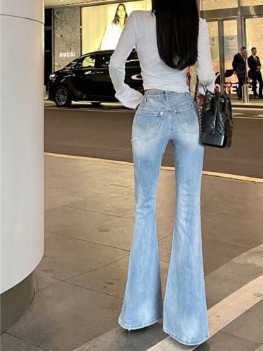 Real shot!  Retro American-style washed stretch jeans for women, new trendy slimming high-waisted bootcut pants