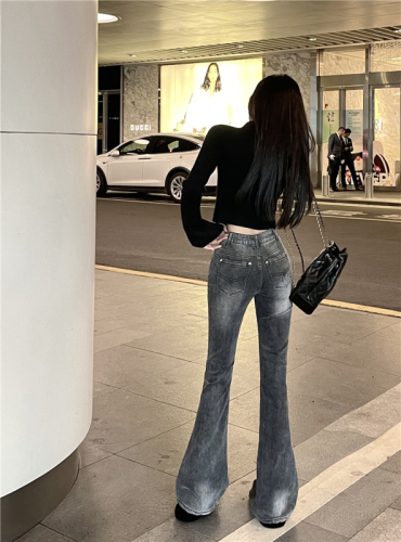 Real shot!  Retro American-style washed stretch jeans for women, new trendy slimming high-waisted bootcut pants