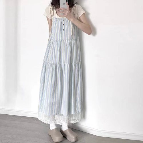 French first love blue suspender dress for women summer 2024 new style small seaside resort style beach long dress