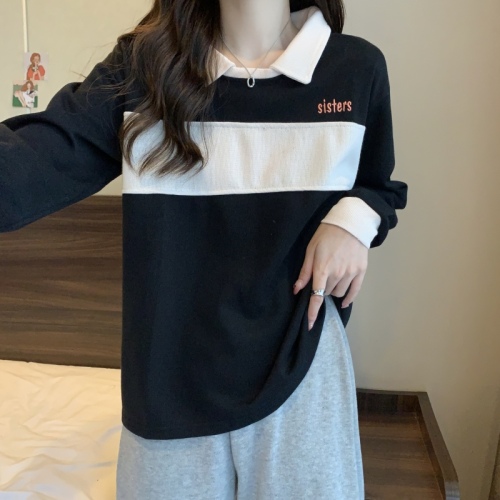 Actual shot of 2024 autumn new long-sleeved contrasting color Polo shirt college loose and versatile T-shirt tops for women