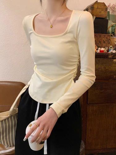 Early spring 2024 Korean style square neck pleated design solid color slim fit bottoming long-sleeved T-shirt women's tops