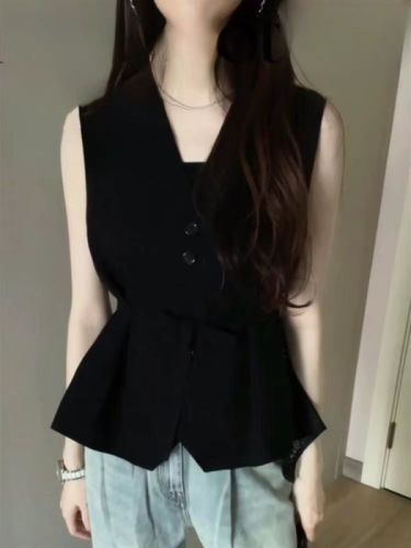 Ice-feel triacetate stitching hollow lace-up sleeveless vest for women summer new fashion temperament black vest top