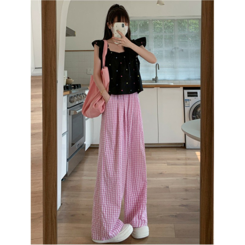 Official picture of plaid contrasting thin trousers, loose and loose casual Yamamoto pants for women, summer straight wide-leg pants and floor-length pants.