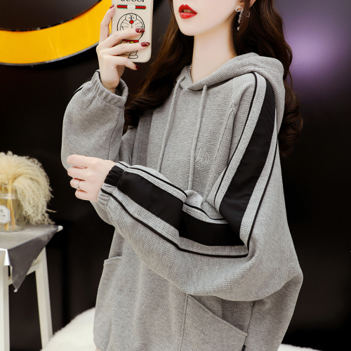 Official picture waffle composite milk silk thin color block hooded sweatshirt for women spring and autumn loose