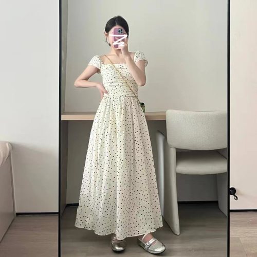 Square neck polka dot dress for women summer 2024 new tea break French super nice pear-shaped figure waist long skirt