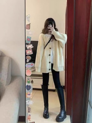 Black Knit Cardigan for Women - Autumn/Winter 2024 New Arrival Loose Overcoat, Casual Japanese Lazy Style Retro Soft Knit Cardigan