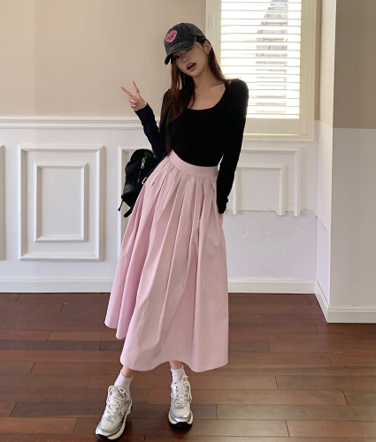 Actual shot of 2024 new autumn clothing, sweet pink big swing A-line pleated long skirt for women