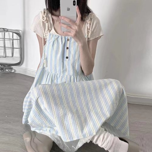 French first love blue suspender dress for women summer 2024 new style small seaside resort style beach long dress