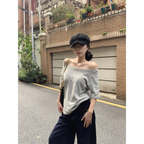 Official photo Modal rayon Korean style slanted shoulder short-sleeved T-shirt women's summer loose loose off-shoulder solid color top