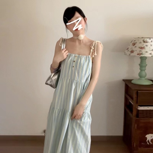 French first love blue suspender dress for women summer 2024 new style small seaside resort style beach long dress