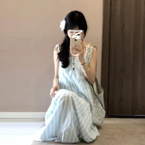 French blue striped lace suspender dress for women 2024 summer new design sleeveless temperament long dress