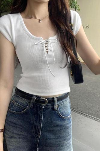 Real photos of hot girls with stunning waffle straps U-neck shoulder sleeveless vest T-shirt women's summer new slim fit short top