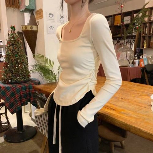 Early spring 2024 Korean style square neck pleated design solid color slim fit bottoming long-sleeved T-shirt women's tops