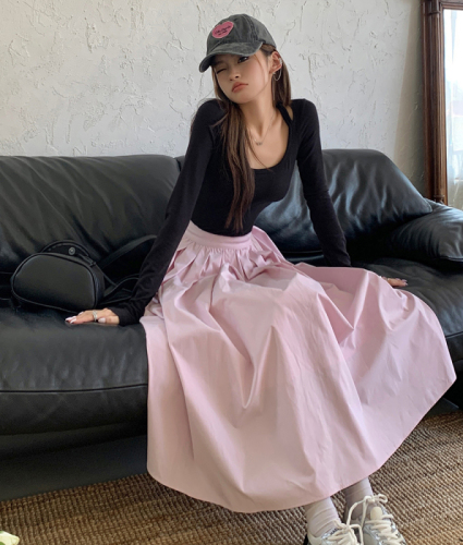 Actual shot of 2024 new autumn clothing, sweet pink big swing A-line pleated long skirt for women