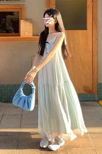 French first love blue suspender dress for women summer 2024 new style small seaside resort style beach long dress