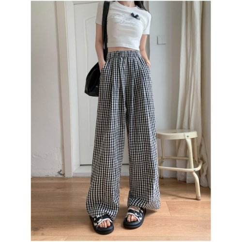 Official picture of plaid contrasting thin trousers, loose and loose casual Yamamoto pants for women, summer straight wide-leg pants and floor-length pants.