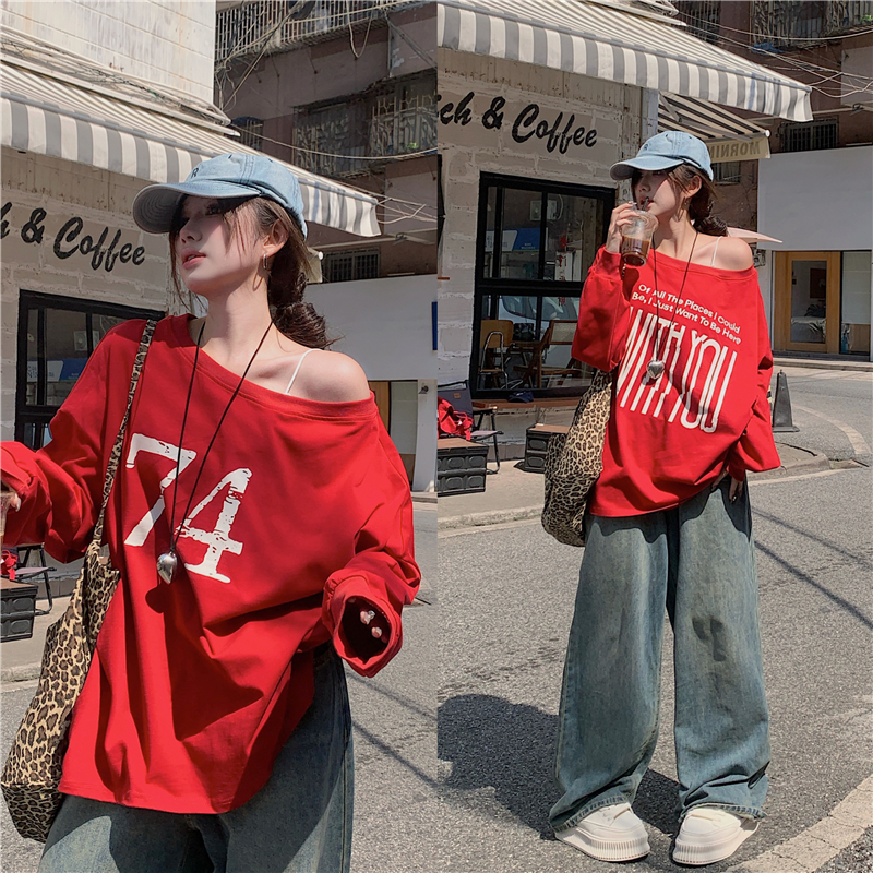 Real shot 2024 new reversible design front and back printed loose off-shoulder pullover T-shirt sweatshirt