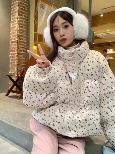 Fresh floral short down jacket winter new Korean college style thickened warm cotton jacket