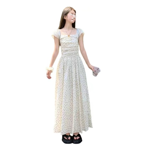 Square neck polka dot dress for women summer 2024 new tea break French super nice pear-shaped figure waist long skirt