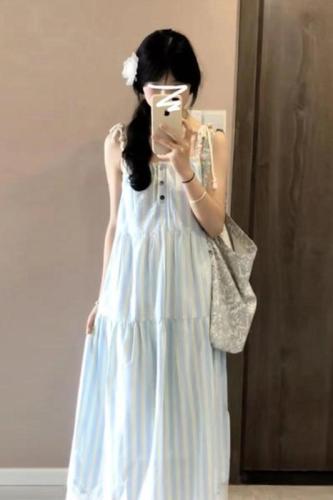 French blue striped lace suspender dress for women 2024 summer new design sleeveless temperament long dress