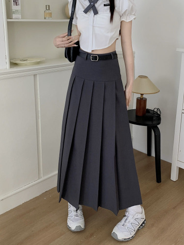 Actual shot ~ Suit skirt design niche slimming high-waisted workwear long skirt A-line pleated large hem skirt for women with belt