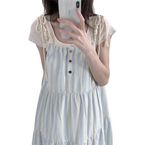 French first love blue suspender dress for women summer 2024 new style small seaside resort style beach long dress