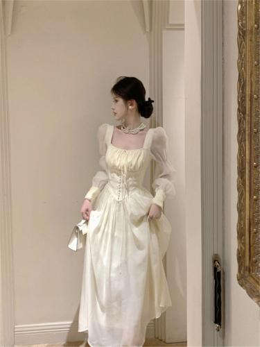 Real shot of elegant French long early autumn dress 2024 solid color