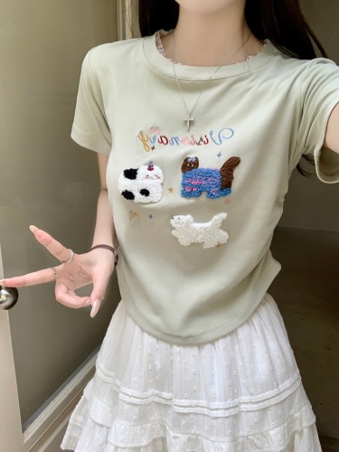 Real shot of cute cartoon dog embroidered short-sleeved T-shirt for women in summer with design lace splicing sweet and spicy waist top