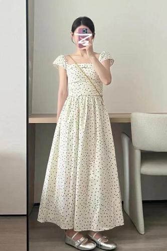 Square neck polka dot dress for women summer 2024 new tea break French super nice pear-shaped figure waist long skirt