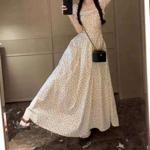 French style small flying sleeves polka dot dress summer feminine slimming long skirt niche design square collar