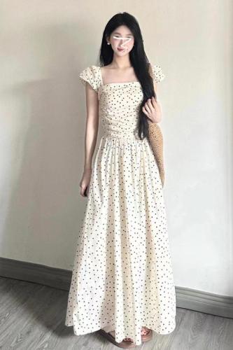 2024 new French style small polka dot small flying sleeve dress women's summer pear-shaped figure long skirt