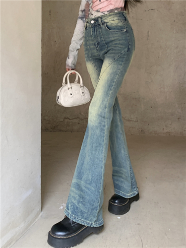 Real shot!  Retro raw edge bootcut jeans, slim straight high waist, slim horseshoe trousers