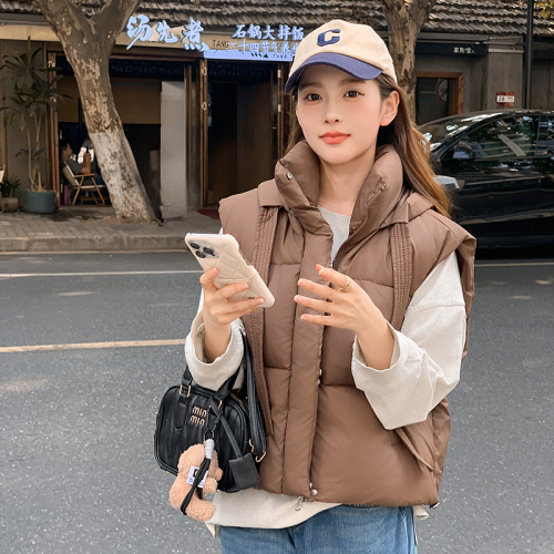 Real shot of women's new autumn and winter Korean style hooded loose and versatile down cotton vest waistcoat outer short coat