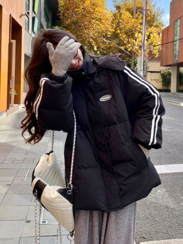 Black down cotton jacket for women winter 2024 new Korean style loose college style couple versatile hooded thickened cotton jacket