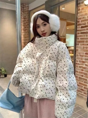 Fresh floral short down jacket winter new Korean college style thickened warm cotton jacket