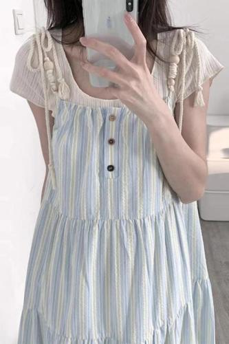 French first love blue suspender dress for women summer 2024 new style small seaside resort style beach long dress