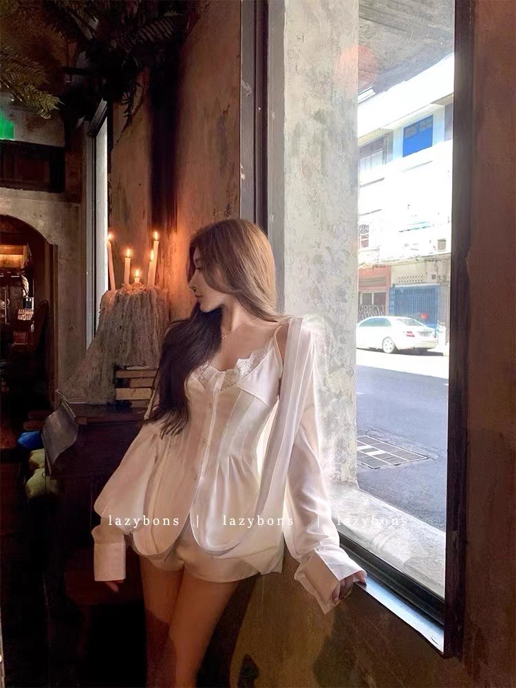 JUNSTUDIO atmosphere aesthetic fake two-piece lace suspender one-piece shirt design suit shirt for women