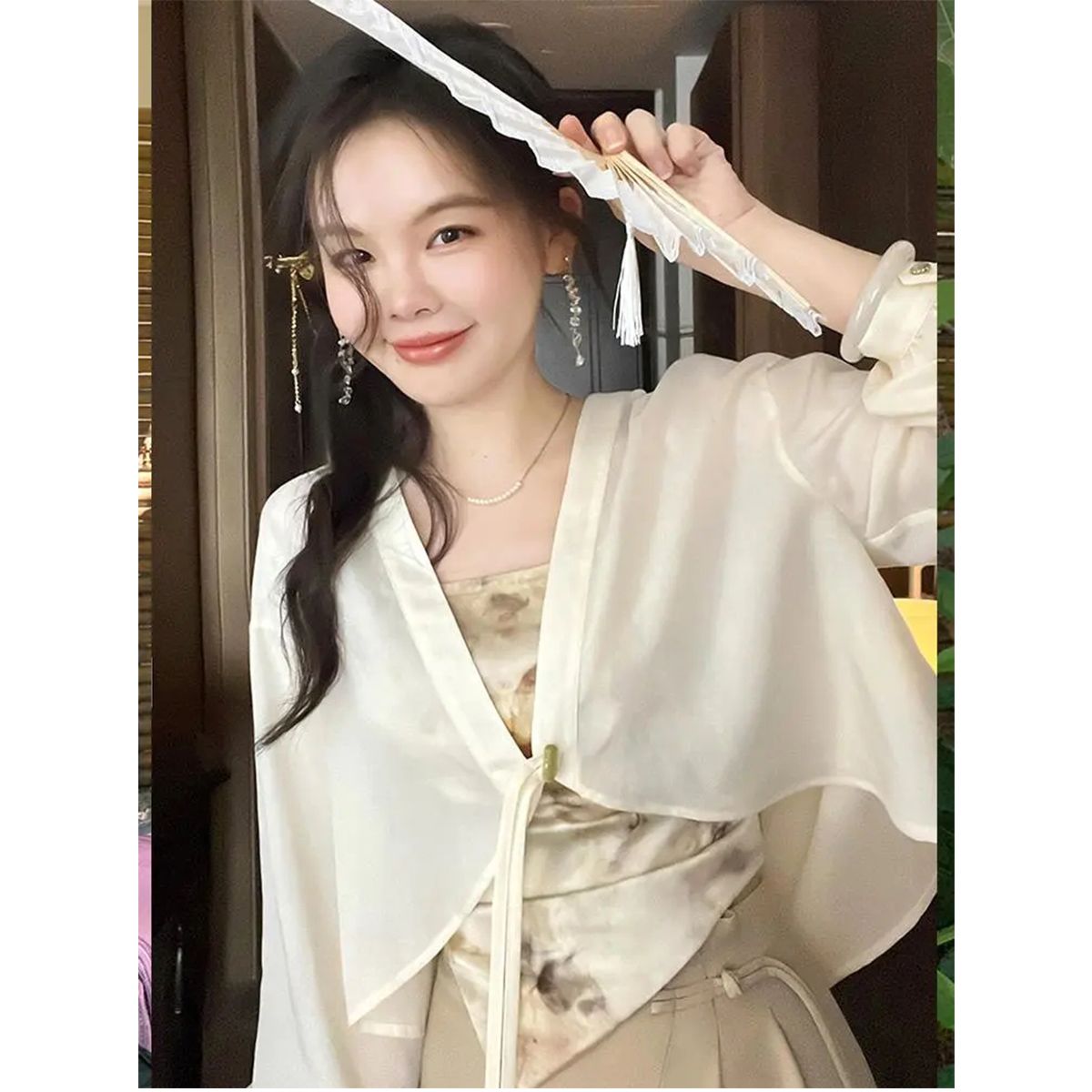 Quality Inspection Officer Picture New Chinese Style National Style Top for Women Summer Thin Chiffon Cheongsam with Shawl and Suspender Skirt Jacket
